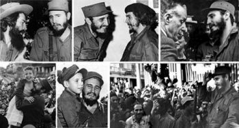 Encuentro de Jefes rebeldes, viejos amigos y Fidelito con Fidel  Durante el recorrido de la Caraana de la Libertad, Fidel se entrevistó con jefes rebeldes y viejos amigos. En la hilera superior se ve al primero de ellos: Camilo quien, después de tomar Columbia la principal plaza militar del país, se trasladó en avión a Bayamo, el sábado 3, para informarle Fidel del cumplimiento de su misión y recibir nuevas instrucciones. Lo mismo hizo el Che en Camagüey el día 5, quien había asumido la jefatura de la Fortaleza de San Carlos de La Cabaña. Un día antes, el Comandante en Jefe conversó con Herbert Matthews, el primer periodista que lo entrevistó en la Sierra Maestra en febrero de 1957 y dio la noticia al mundo de que Fidel estaba vivo y luchando contra la dictadura. Debajo, al centro, Fidel abraza a su hijo Fidelito en el Cotorro a quien no veía desde hacía dos años y 33 días. En los extremos, un niña que que quiso retratarse con Fidel y los los saludos sinceros y afectuosos de un pueblo que lo aclama. 