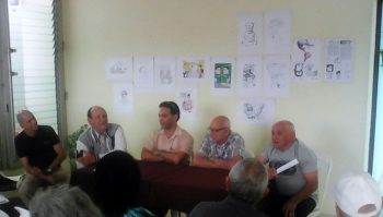 Panel de caricaturistas, en el que abogaron por ocupar más espacios en la prensa digital e impresa (Foto: OS)