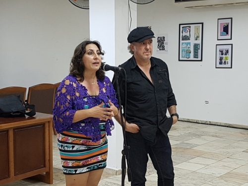 Isel Chacón, directora del Museo del Humor y Ángel Boligán durante la inauguración de la expo colectiva Made in Cuba (Foto: JGC)